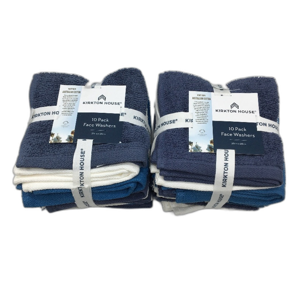 Kirkton House 20 Piece Blue Toned 100% Cotton 2 x 10 Pack Face Washers NEW
