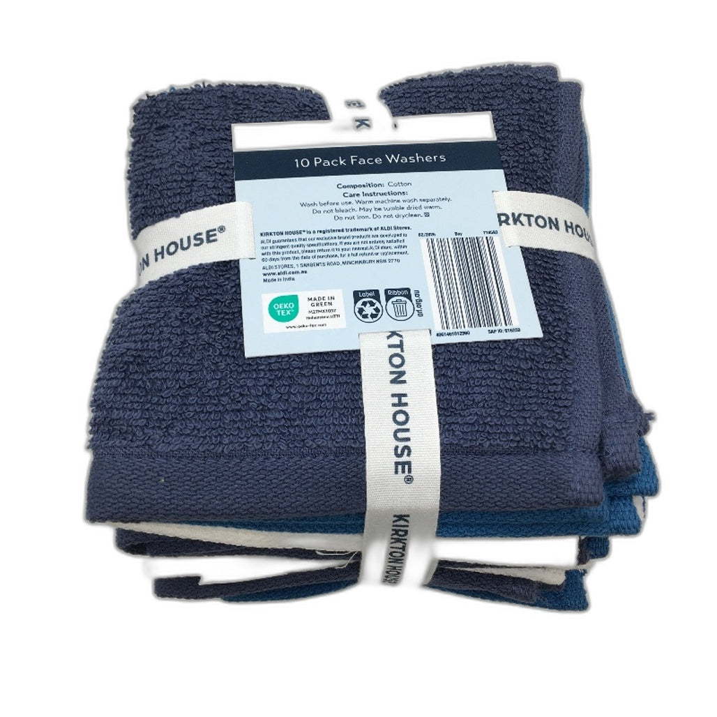 Kirkton House 20 Piece Blue Toned 100% Cotton 2 x 10 Pack Face Washers NEW
