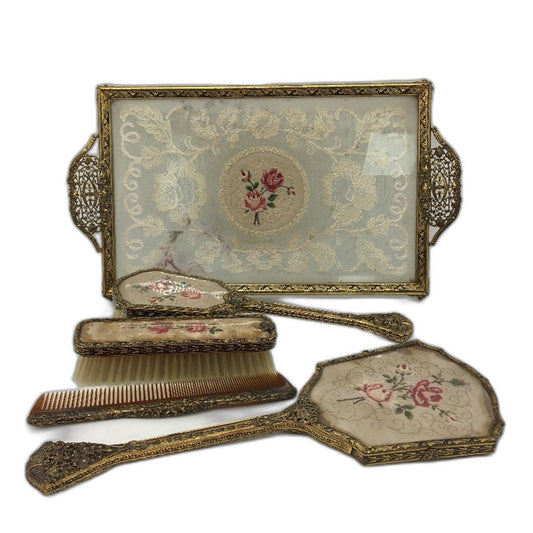 VINTAGE Delina Petit Point England Embroidered Lace Inlay 5Pc Vanity Dresser Set