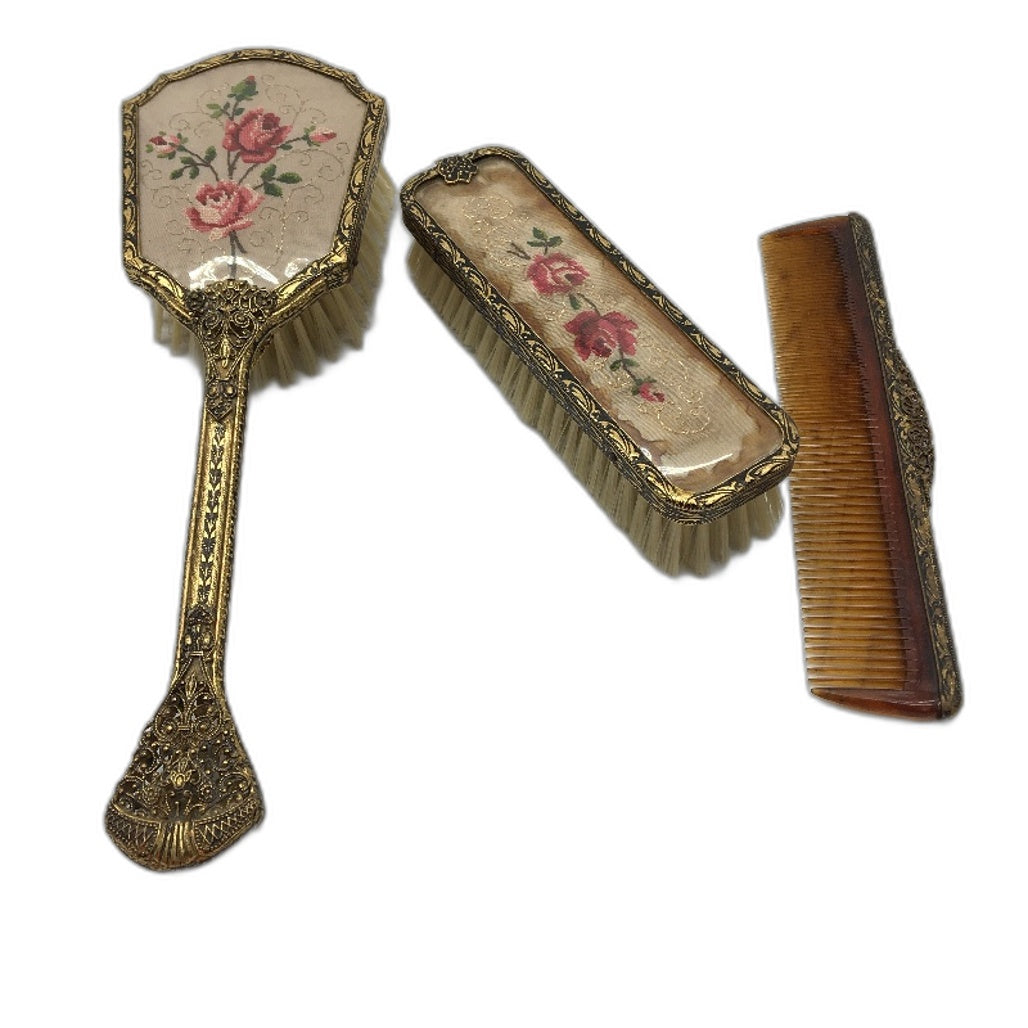 VINTAGE Delina Petit Point England Embroidered Lace Inlay 5Pc Vanity Dresser Set