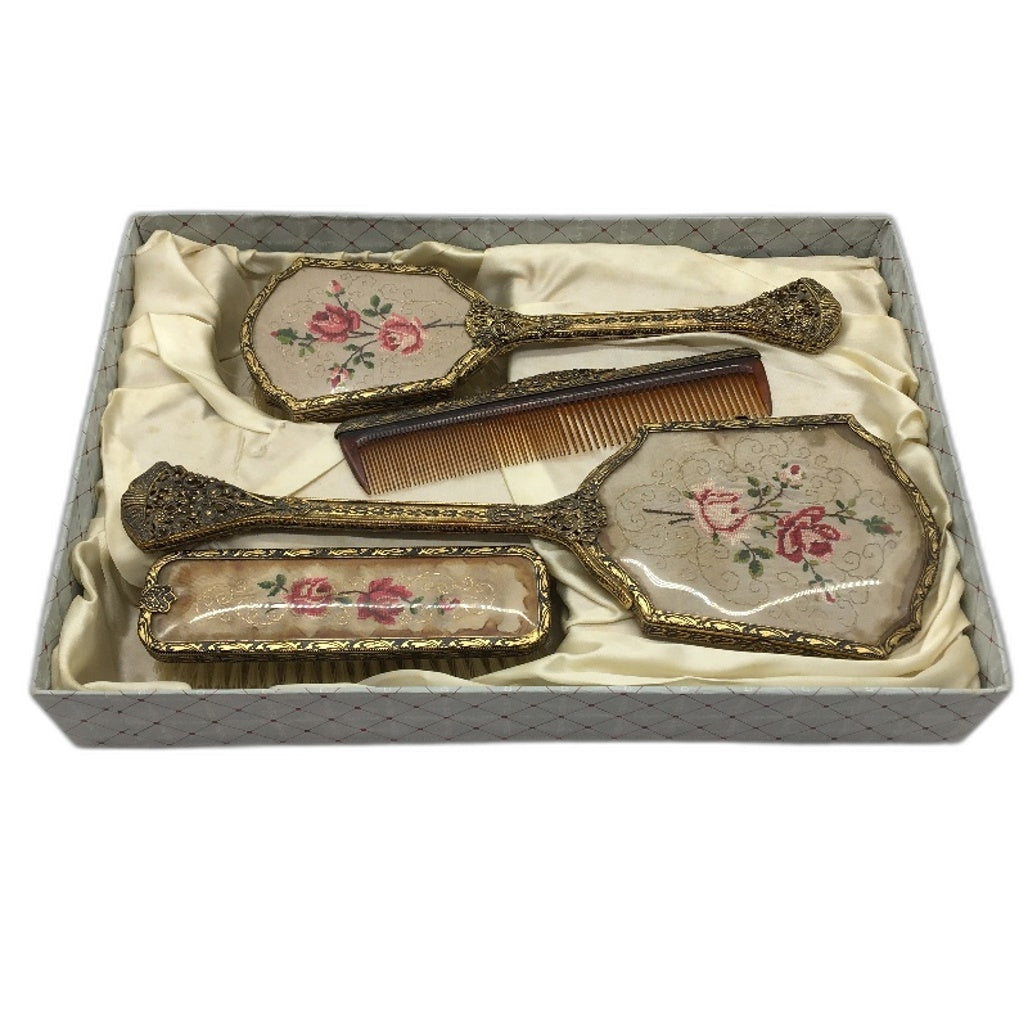 VINTAGE Delina Petit Point England Embroidered Lace Inlay 5Pc Vanity Dresser Set