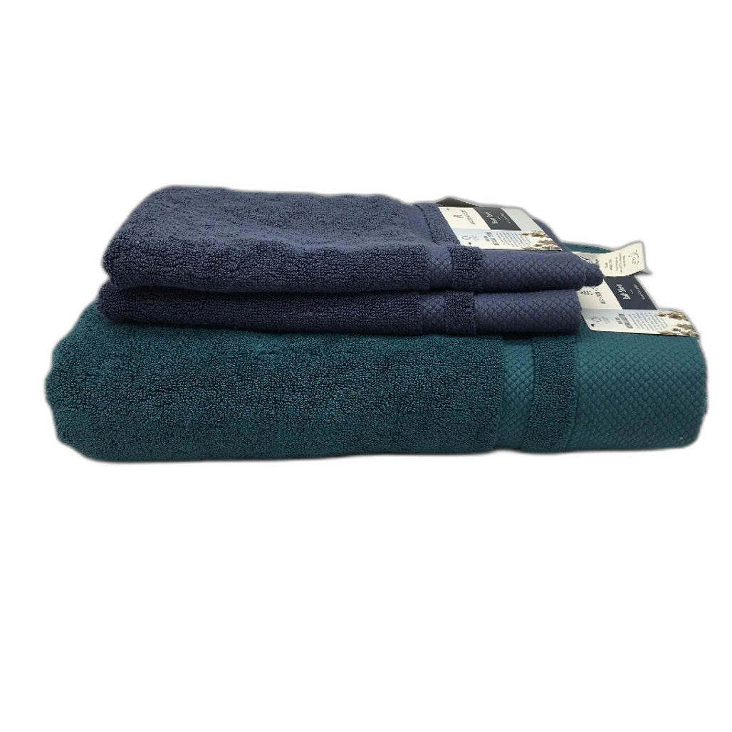 Kirkton House 3pc Blue and Teal Cotton Bath Sheet and Hand Towels NEW