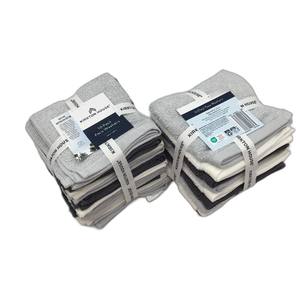 Kirkton House 2 x 10 Pack Monochrome 30 x 28 cm Face Washers NEW