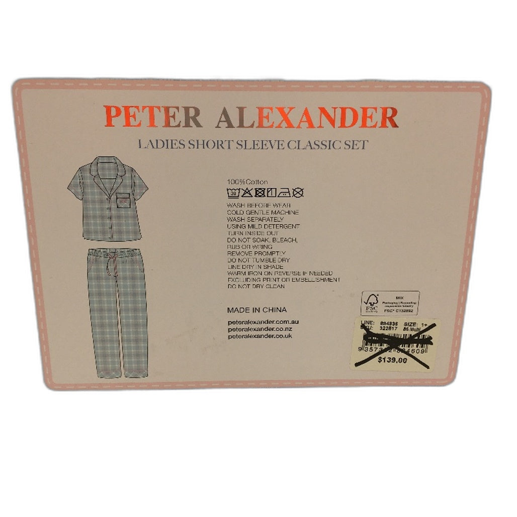 Peter Alexander Blue Check Short Sleeve Cotton PJ Set Ladies Size 1 Plus NEW