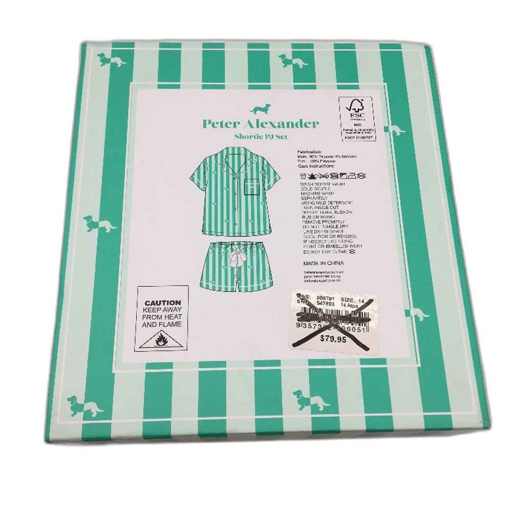 Peter Alexander Aqua Teal Satin Shortie Pyjama Set Girls Size AU 14 NEW