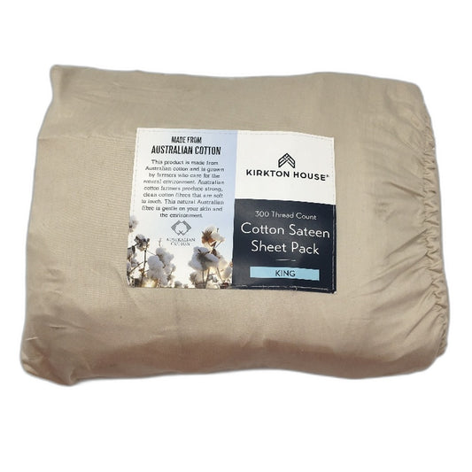 Kirkton House 300TC Cotton Sateen Taupe Fitted Sheet Pack KING Size NEW