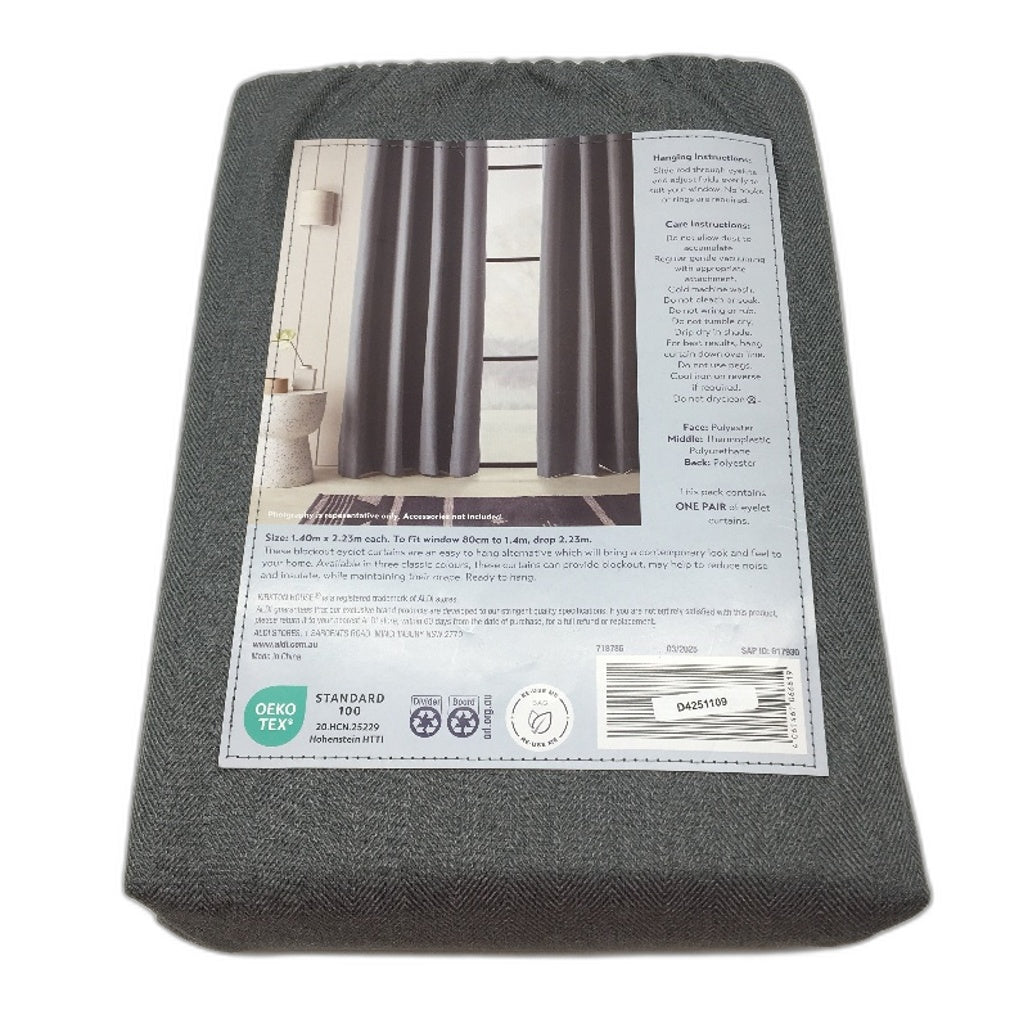 Kirkton House Blockout Mid-Grey Weave Curtain Eyelet 2 Pack 1.4 x 2.23m NEW
