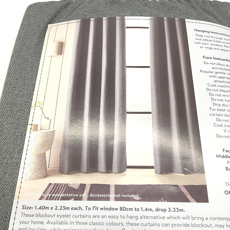 Kirkton House Blockout Mid-Grey Weave Curtain Eyelet 2 Pack 1.4 x 2.23m NEW