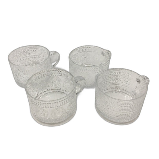 Timifte Set Of 4 Vintage Embossed Clear 14 oz Coffee Tea Mugs With Spoons NEW