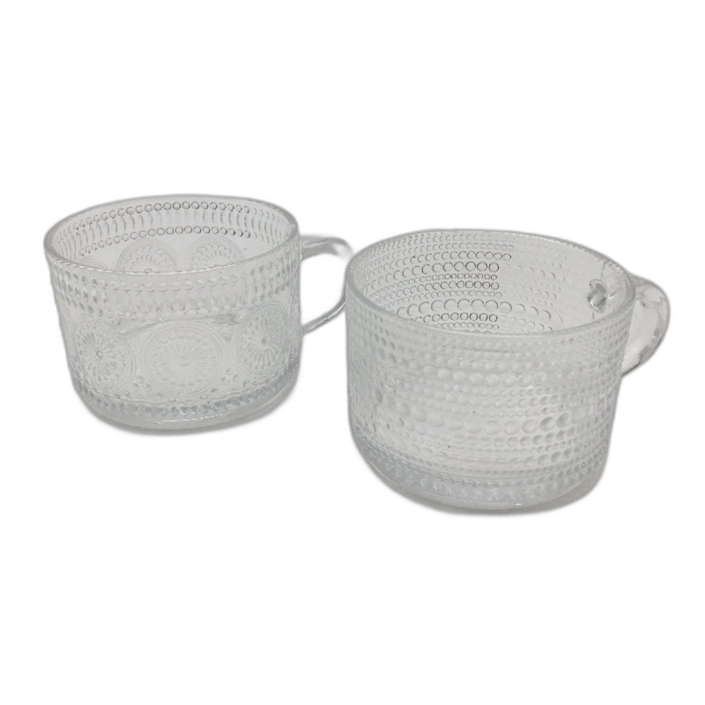 Timifte Set Of 4 Vintage Embossed Clear 14 oz Coffee Tea Mugs With Spoons NEW