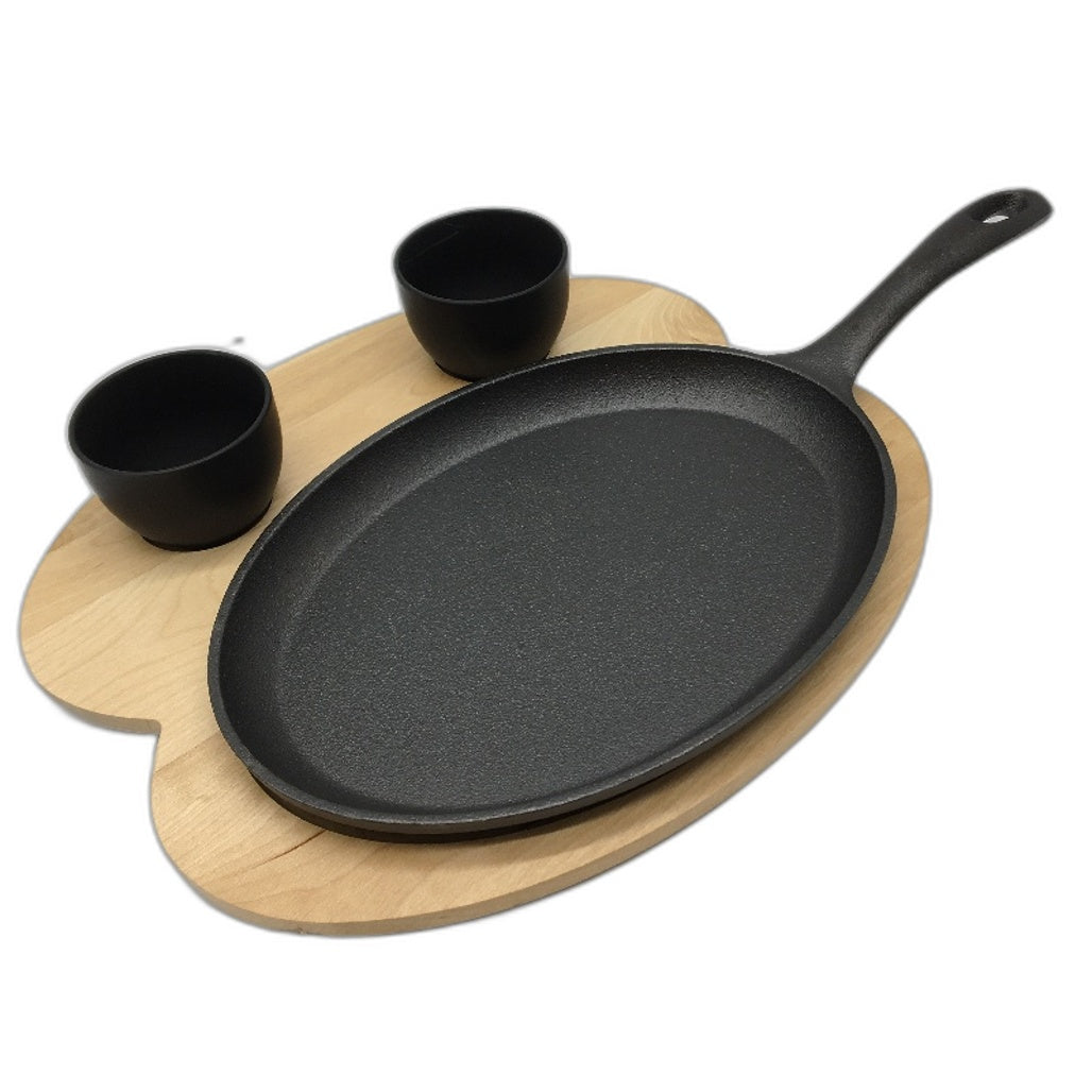 Tortillada Cast Iron Fajita Grill Pan With Wooden Tray & 2 Ceramic Dip Bowls NEW