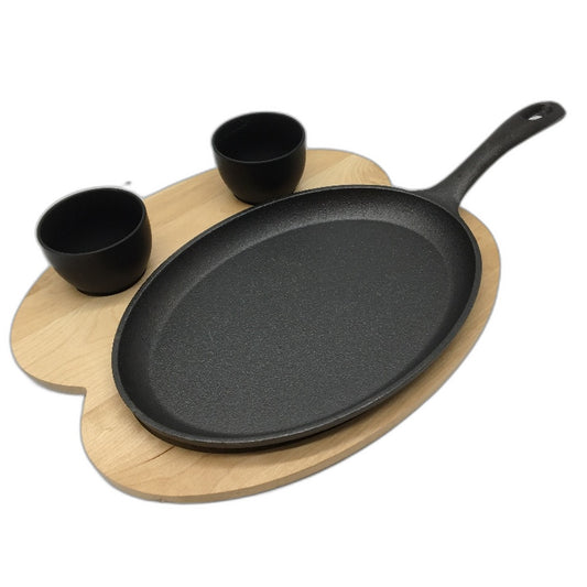 Tortillada Cast Iron Fajita Grill Pan With Wooden Tray & 2 Ceramic Dip Bowls NEW