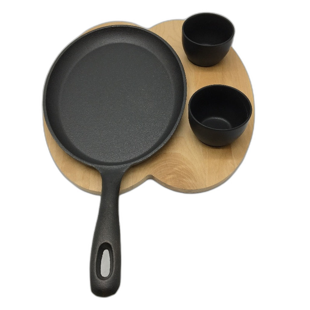 Tortillada Cast Iron Fajita Grill Pan With Wooden Tray & 2 Ceramic Dip Bowls NEW