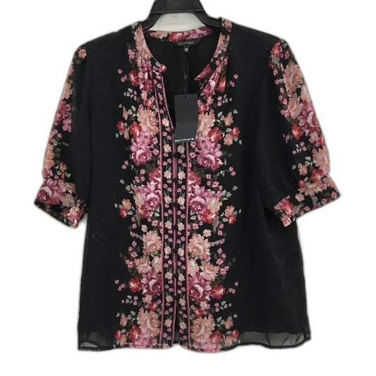 Portmans St Valentine Black Floral Short Sleeve Button Up Blouse Ladies Size 10