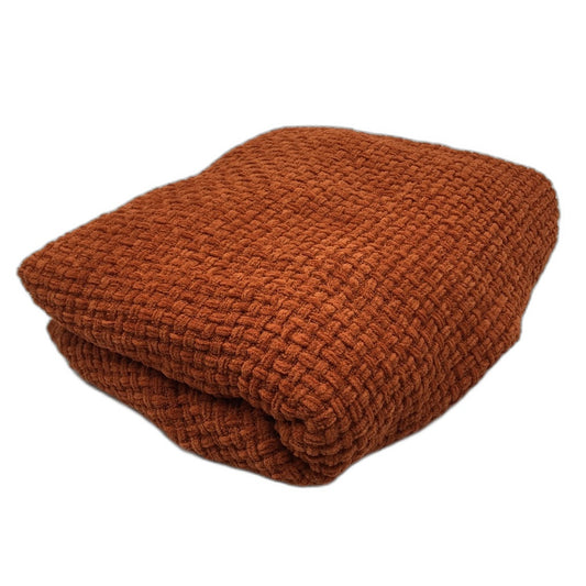Luxe Soft Brown Rust Waffle Weave Fringed Throw Blanket 127 x 152cm NEW