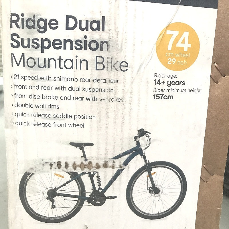 74cm Wheel Ridge Dual Suspension Mountain Bike 21 Speed Double Wall Rims NEW