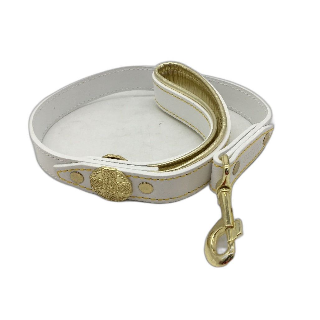 Bestia Dog Gear White Maximus Gold Leash 1 Inch Wide Leather Padded Handle NEW