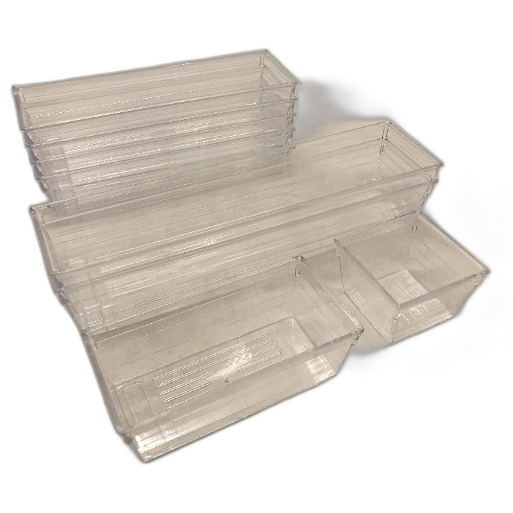 DCA Set Of 14 Pcs 4 Size Multipurpose Clear Storage Drawer Organizer Trays NEW