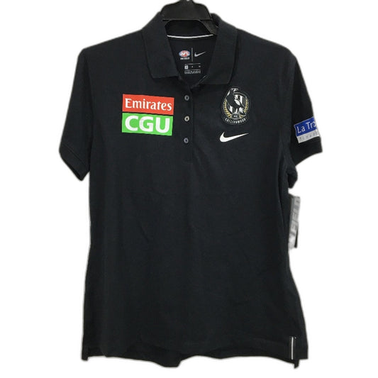 AFL Nike Collingwood Magpies Black Polo Shirt Short Sleeve Ladies Sz Medium NEW