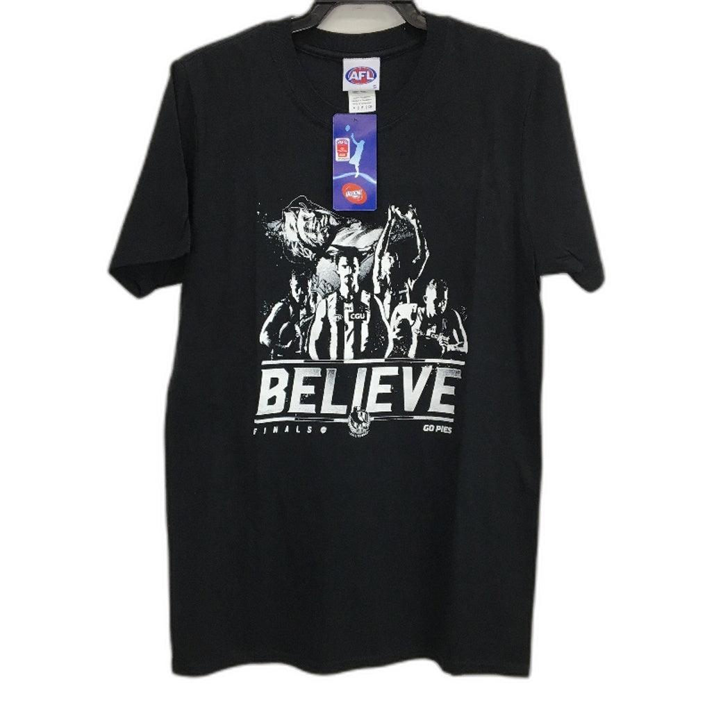 AFL Collingwood Magpies Black 'Believe' 1922 Finals T-Shirt Mens Size Small NEW