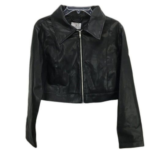 Black Faux Leather PU Fully Lined Kids Biker Cropped Jacket Youth Size 10 NEW