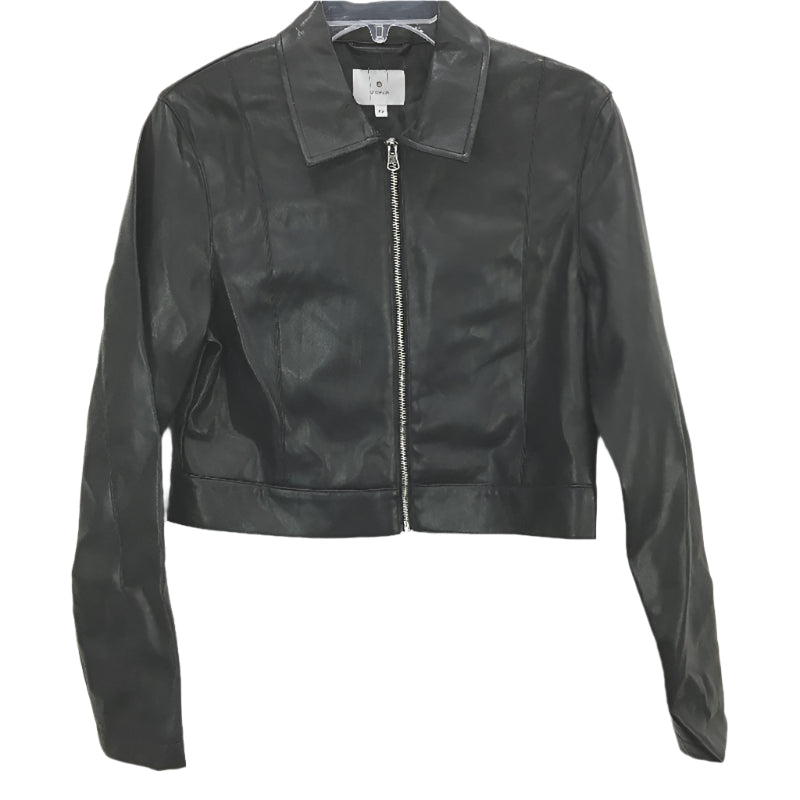 Black Faux Leather PU Fully Lined Biker Cropped Moto Zip Jacket Womens Sz 10 NEW