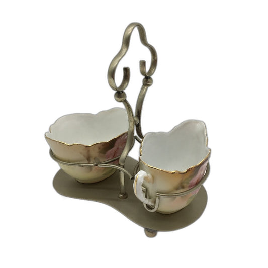 VINTAGE Silesia Ceramic Floral Jug & Bowl Set Silver Electro Plated Tray