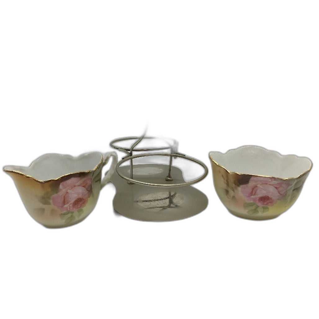 VINTAGE Silesia Ceramic Floral Jug & Bowl Set Silver Electro Plated Tray