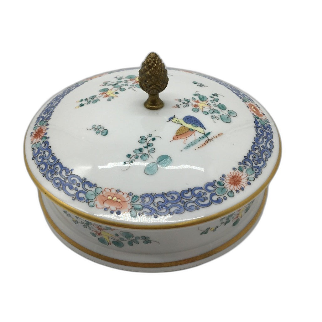 VINTAGE Made In France Hand Painted Gold Rime Dish With Lid