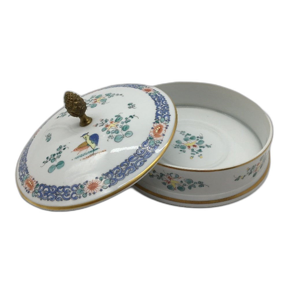 VINTAGE Made In France Hand Painted Gold Rime Dish With Lid