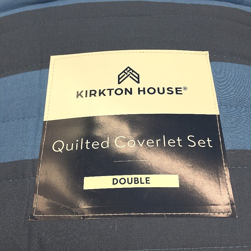 Kirkton House Blue Stripe Quilted Coverlet Set Cotton Double Bed NEW