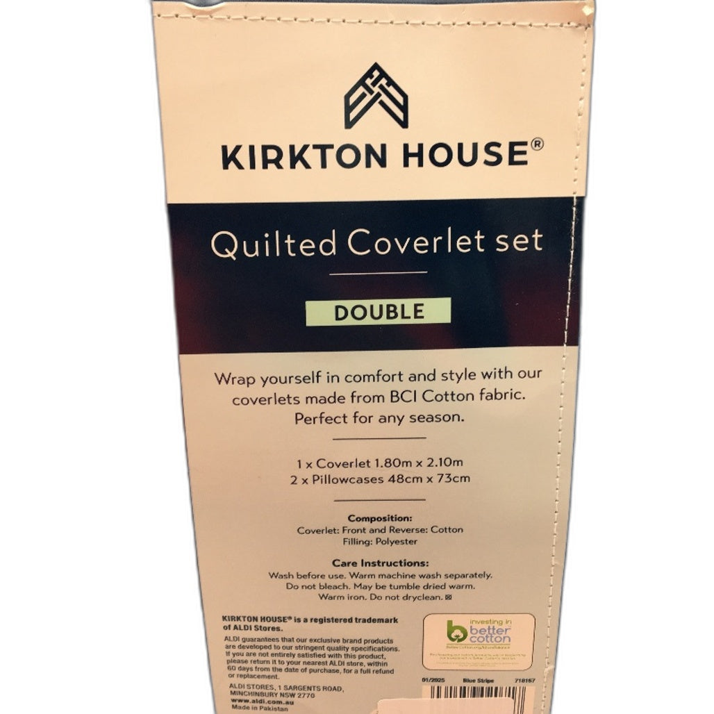 Kirkton House Blue Stripe Quilted Coverlet Set Cotton Double Bed NEW