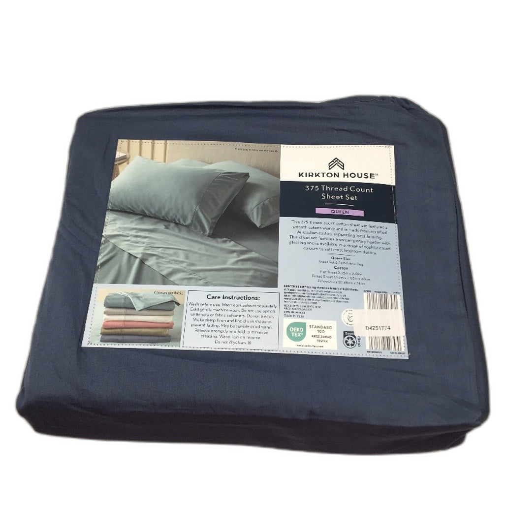 Kirkton House 375 Thread Count Navy Blue Cotton Sheet Set Queen Bed NEW