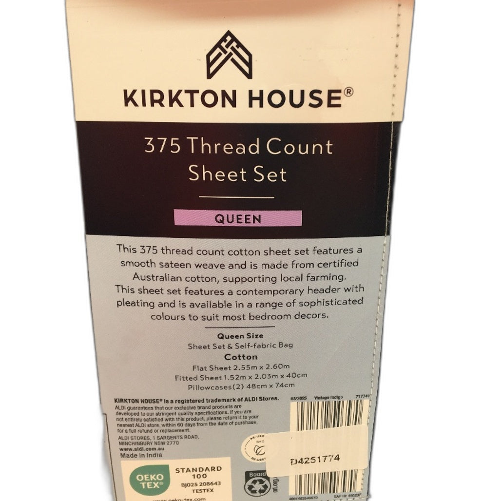 Kirkton House 375 Thread Count Navy Blue Cotton Sheet Set Queen Bed NEW