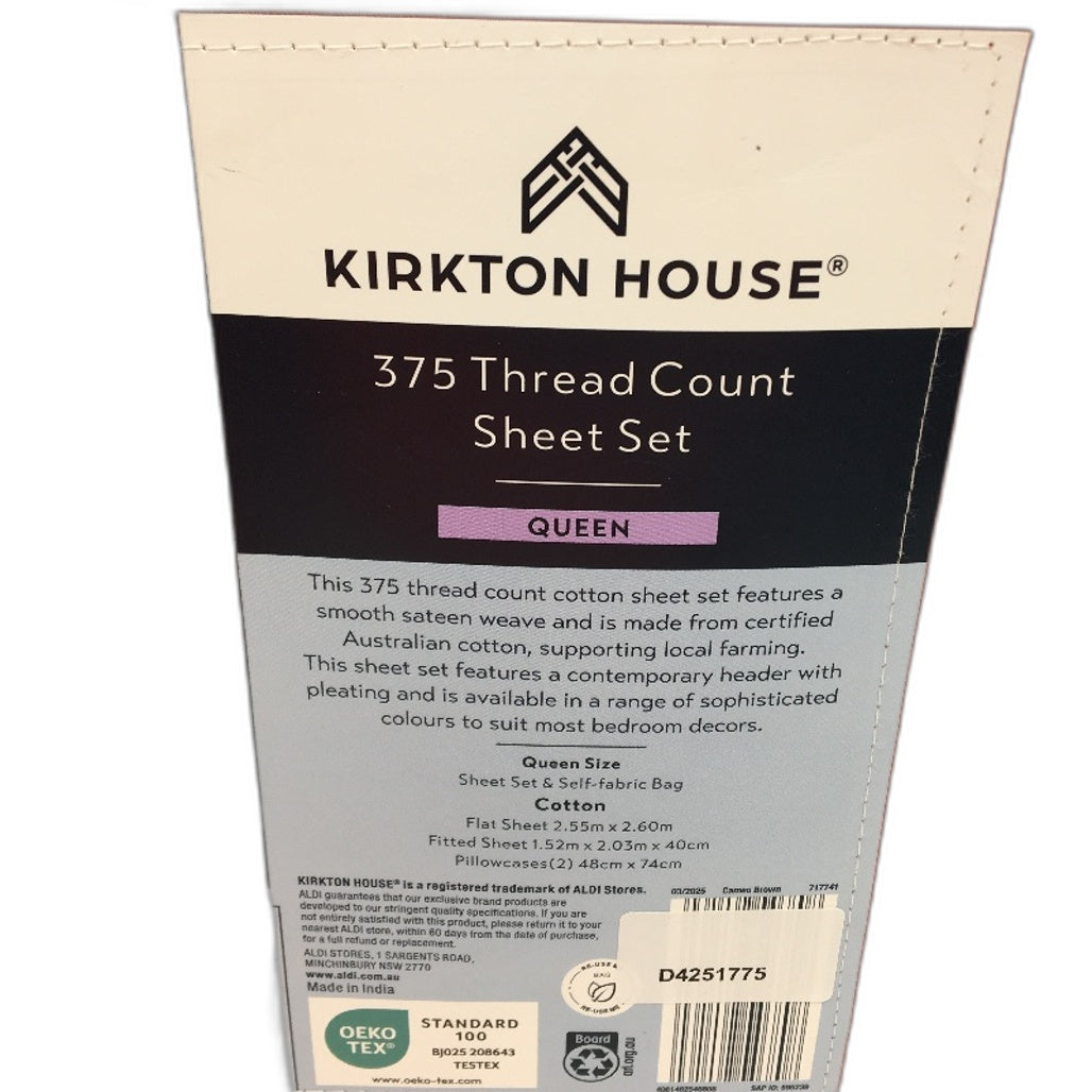 Kirkton House 375 Thread Count Cameo Brown Cotton Sheet Set Queen Bed NEW