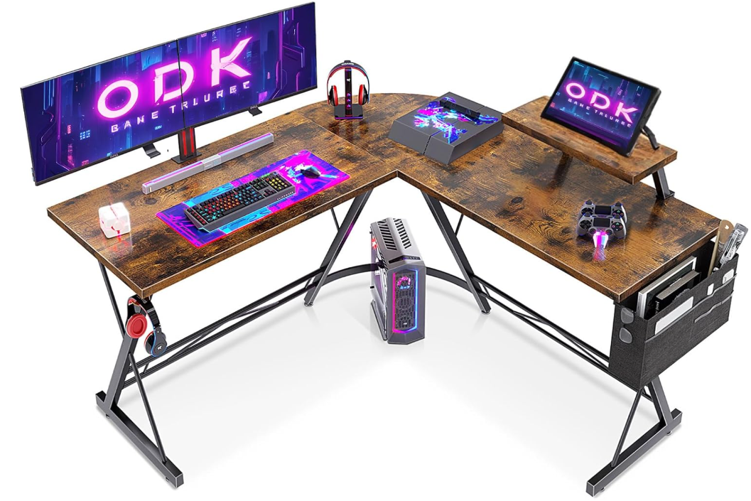 ODK L Shaped Computer Gaming Desk Monitor Stand Vintage Brown 51 Inch NEW