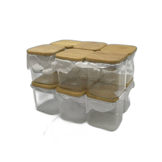 12 Piece Set Glass Spice Jars Wood Lid Airtight Square With Labels Sheet NEW