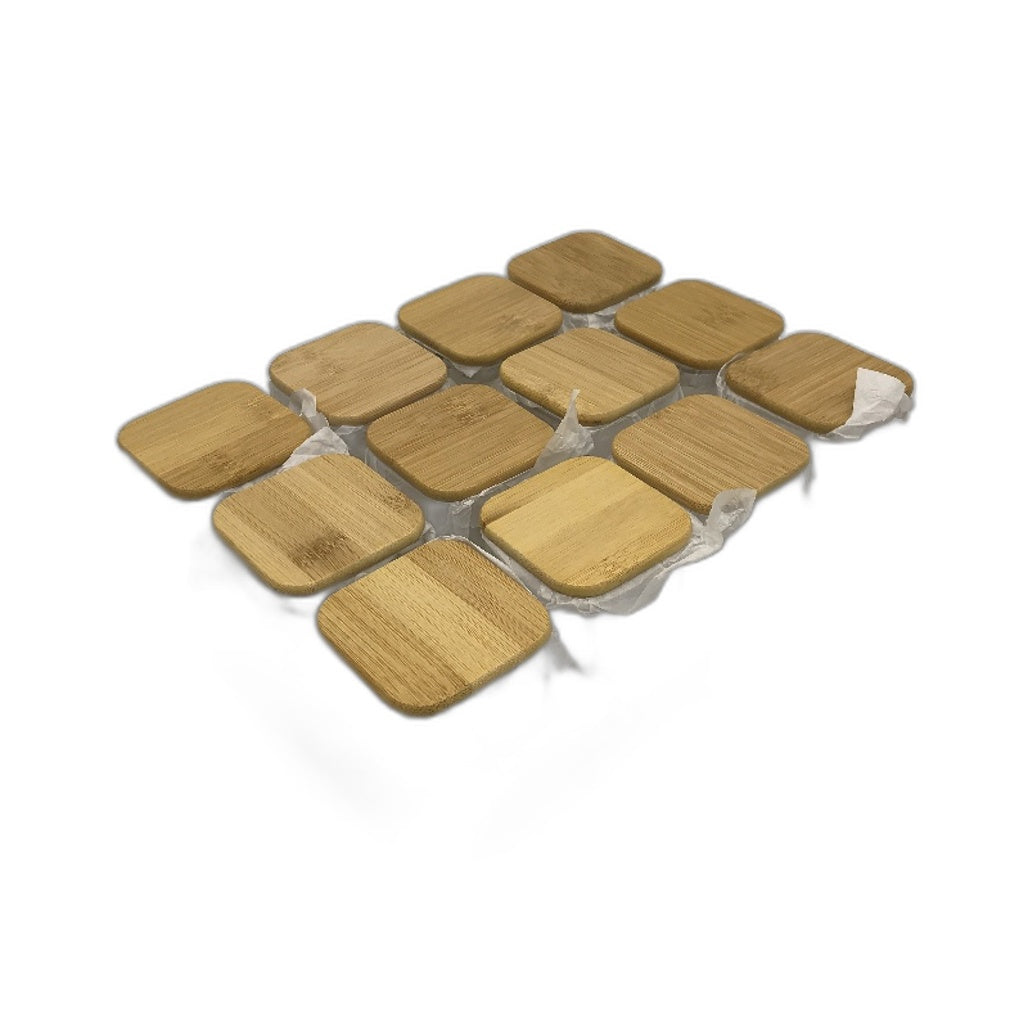 12 Piece Set Glass Spice Jars Wood Lid Airtight Square With Labels Sheet NEW