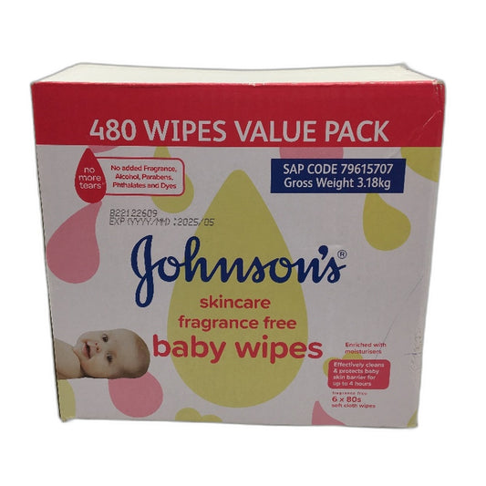 Johnsons Skincare Frangrance Free Baby 480 Wipes Value Box 6 x 80 Wipes NEW