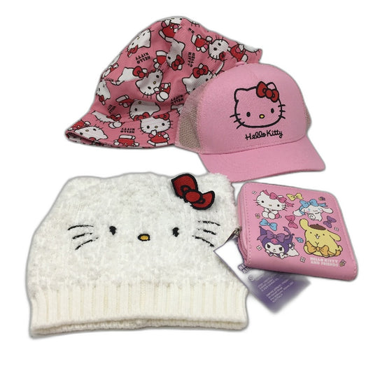 Hello Kitty 3 Hats & Pink Zip Purse Pack Kids 4-6Yrs Cap Size 4 Piece Pack NEW
