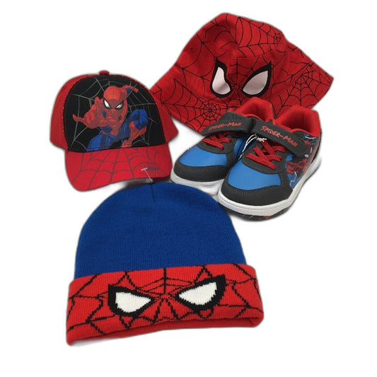 Marvel Spiderman Red Blue 3 Hats Size 4-6Years & Sneakers Sz 9 Kids Pack NEW
