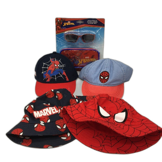 Marvel Spiderman Red Blue 4 Hats Size 4-6Years & Glasses With Case Kids Pack NEW