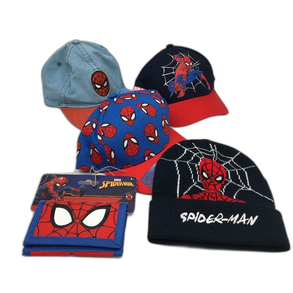 Marvel Spiderman Red Blue 4 Hats Size 4-6Years & Wallet Kids Pack NEW