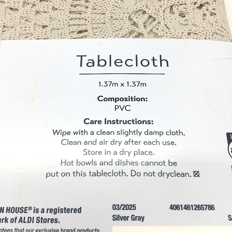 Kirkton House Silver Grey Lacework PVC Tablecloth 137cm x 137cm NEW