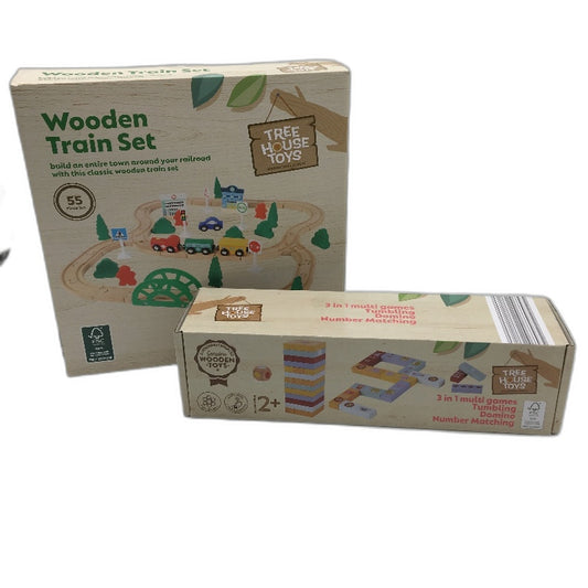 Treehouse Toys 2pk 55pc Wooden Train Set and 3 in 1 Game Blocks for Age 3 Up NEW