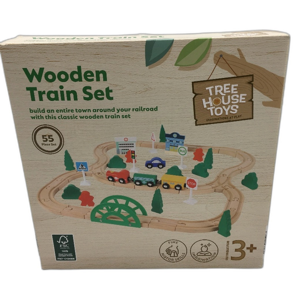 Treehouse Toys 2pk 55pc Wooden Train Set and 3 in 1 Game Blocks for Age 3 Up NEW