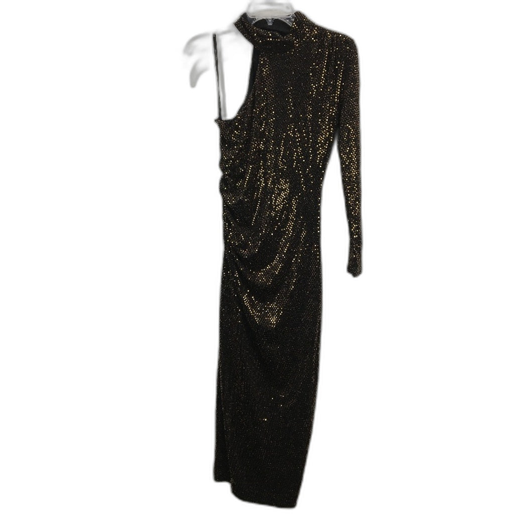 Forever New Black & Gold Long Sleeve One-Shoulder Midi Dress Ladies Size AU 10