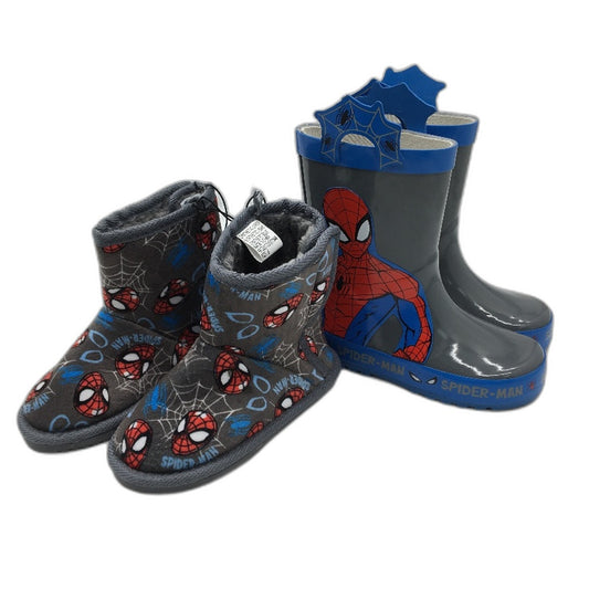 Marvel Spiderman Grey Gumboot & Soft Slipper Bootie Pack Kids Size 8 NEW