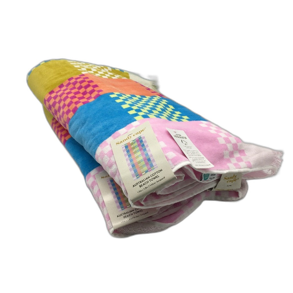 Sandy Cape 2 Pack Aust Cotton Velour Checkered Beach Towels 1m x 1.8m NEW