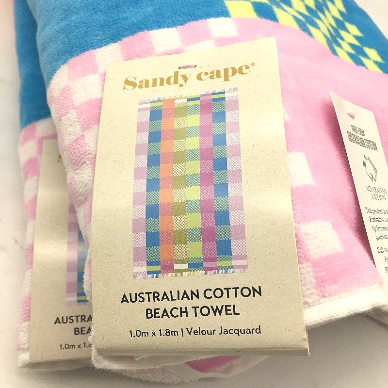 Sandy Cape 2 Pack Aust Cotton Velour Checkered Beach Towels 1m x 1.8m NEW
